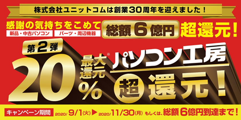 ご好評につき第２弾開始！
「総額6億円分 最大20％ 超還元！第２弾」を
パソコン工房にて9月1日(火)より開催決定！