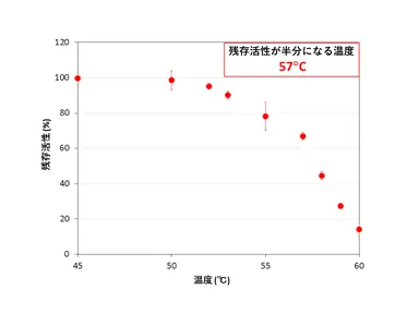 図4. 各温度で15分間熱処理を行った後のCmFUMの残存活性