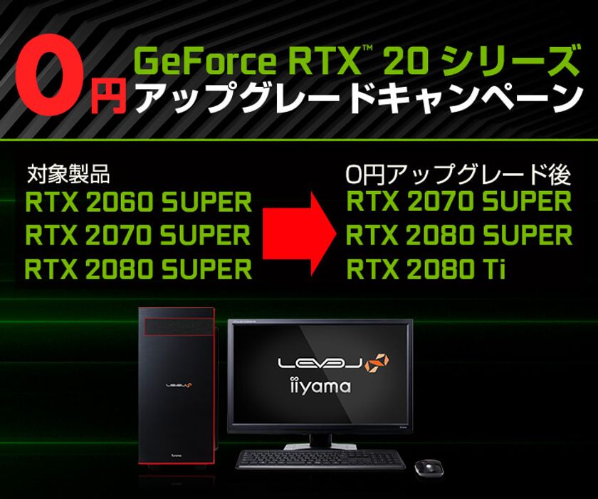 「iiyama PC」ブランドより、『NVIDIA(R) GeForce 
RTX(TM) 20 シリーズ 0円アップグレードキャンペーン』
を対象のBTOデスクトップパソコンにて開始！