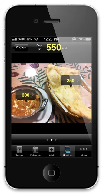 図1：FoodLog Calの画面キャプチャ(食事写真画面)