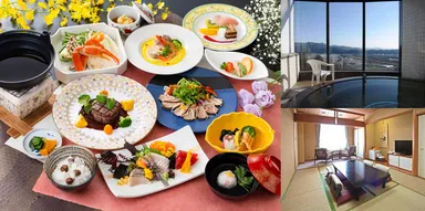 (左)1泊2食付き19,500円～のコース・(右上)大浴場・(右下)一般客室