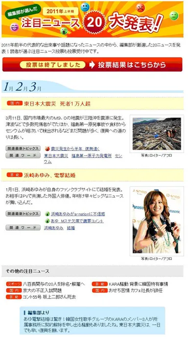 BIGLOBEニュース「2011年注目ニュース20大発表！」ページ
