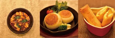 左から痺れ麻辣(ラー)豆腐／飛騨牛　焼・肉まん／アップルカスタード春巻き