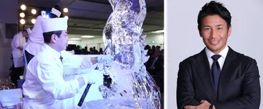 左)氷彫刻実演　右)祭典サポーター 魔裟斗さん