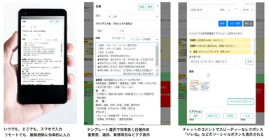 日報入力のスマホ画面／案件をクリックで日報画面が開く／日報へのメッセージとレスポンス