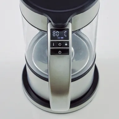 温度設定(75/80/85/90/95/100℃／COLD)・抽出時間(ホット：1～8分、水出し：20～40分)設定ディスプレイ