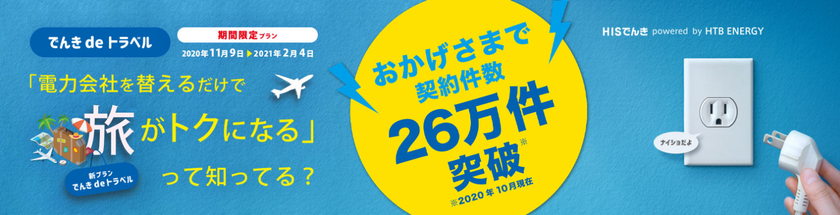 HTBエナジー×HIS 共同企画　
新電気料金プラン「でんきdeトラベル」受付開始　
電力会社を替えるだけで毎年HISの旅がおトクに