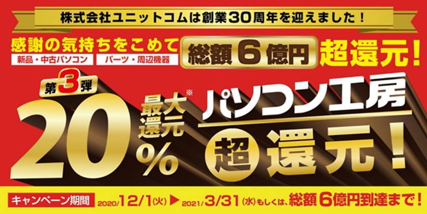ご好評につき第３弾開始！
「総額6億円分 最大20％ 超還元！第３弾」を
パソコン工房にて12月1日(火)より開催決定！