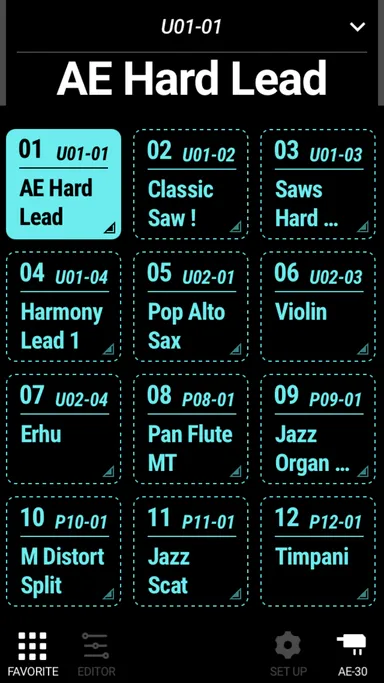 専用アプリ『Aerophone Pro Editor』の画面イメージ。音色選択が可能