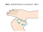 (6)親指は、反対の手でねじるようにすり込みます(両手)