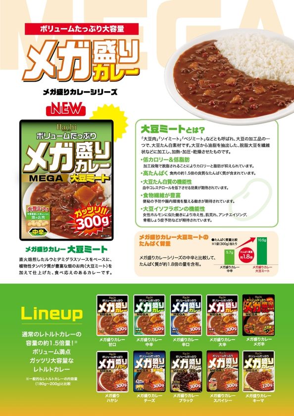『メガ盛りカレー』シリーズに新商品が登場!
植物性タンパク質が豊富な畑のお肉を使用した
「大豆ミート」カレーを2021年2月22日に発売!