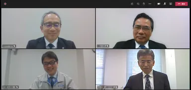 オンライン面談の様子 - コロナ禍下でも止めない オープンイノベーションについて意見交換 (上段左)足立 正之、(上段右)石村 和彦、 (下段左)西方 健太郎(堀場製作所開発本部長)、(下段右)臼田 孝(産総研理事・計量標準総合センター長)