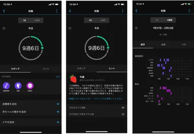 妊娠アプリ画面：左から毎日の記録、ヒント、4週間データ