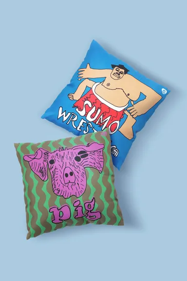 MIRACLE SUMO CUSHION MIRACLE PIG CUSHION　各￥7,800　カラー展開：ブルー、グリーン