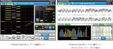 『V-Drums Tutor DT-1』の「ゲーム画面モード」と「ドラム譜モード」