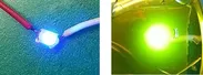 青色発光LED(左) 青色発光LEDに今回開発した量子ドット複合材料を担持したもの(右)