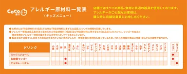 アレルギー原材料一覧表