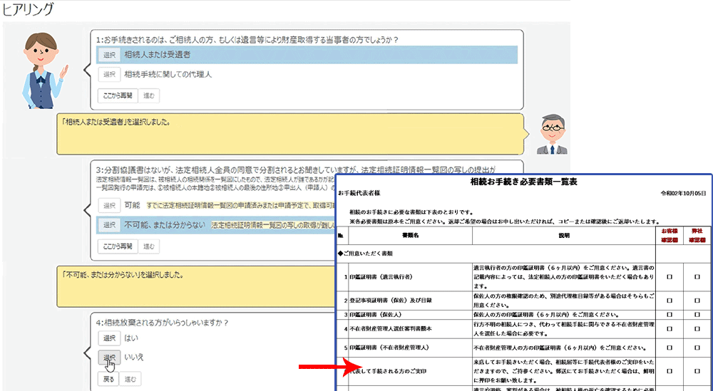 受付時ヒアリング画面と必要書類一覧表