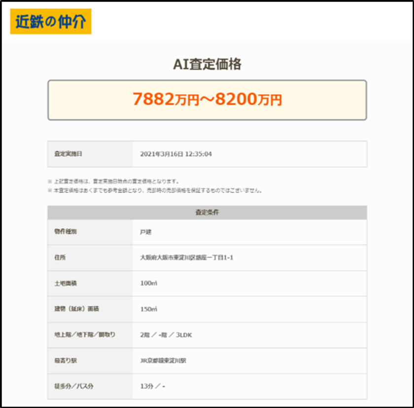 新サービス「近鉄のＡＩ不動産査定」を
３月２５日（木）から導入
SREホールディングスの不動産価格推定エンジンを
活用した高精度のＡＩ査定により、
瞬時に推定物件価格を算出