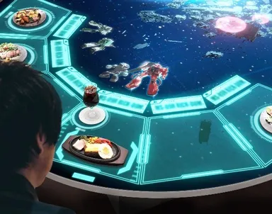 テーブルに料理が置かれると、MS(モビルスーツ)が出現！