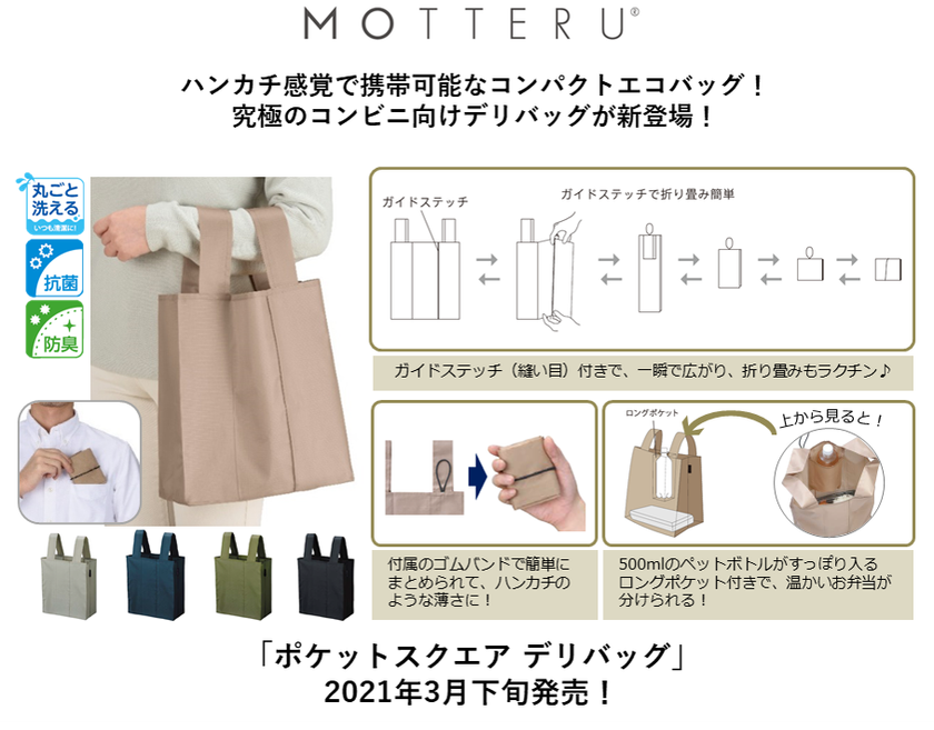 ハンカチ感覚で携帯可能なコンパクトエコバッグ！
コンビニなどで便利な「ポケットスクエア デリバッグ」が3月下旬に新登場！
