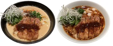 左：「排骨」と「白髪ネギ＆パクチー」をトッピングした坦々麺、右：「排骨」と「白髪ネギ＆パクチー」をトッピングした酸辣湯麺