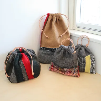 尾州ビンテージ生地を使ったパッチワーク巾着1