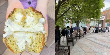 「俺の罪悪パン」断面と毎日の行列の様子