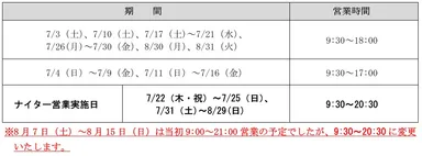 夏季の営業スケジュール