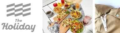 ブランドロゴと「The Holiday（LOUNGE）」で提供販売予定の飲食メニュー・オリジナルグッズイメージ