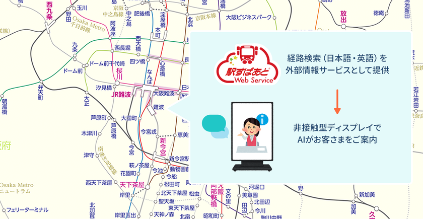 南海電鉄・難波駅におけるAIを活用した
「非接触」でのお客さま案内実証実験に
「駅すぱあとWebサービス」が採用
