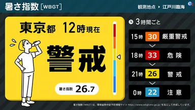 今の暑さ指数(実況値)と3時間ごとの予測値を表示