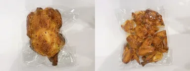 「グレイトチキン」丸鶏真空パックタイプ(左)とカット済み真空パックタイプ