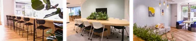 左：CAFEカウンター／中央：変形ミーティングテーブル／右：ミーティングスペース