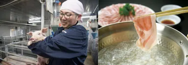 左：佐助豚に愛を注ぐ3代目の久慈社長、右：佐助豚イメージ