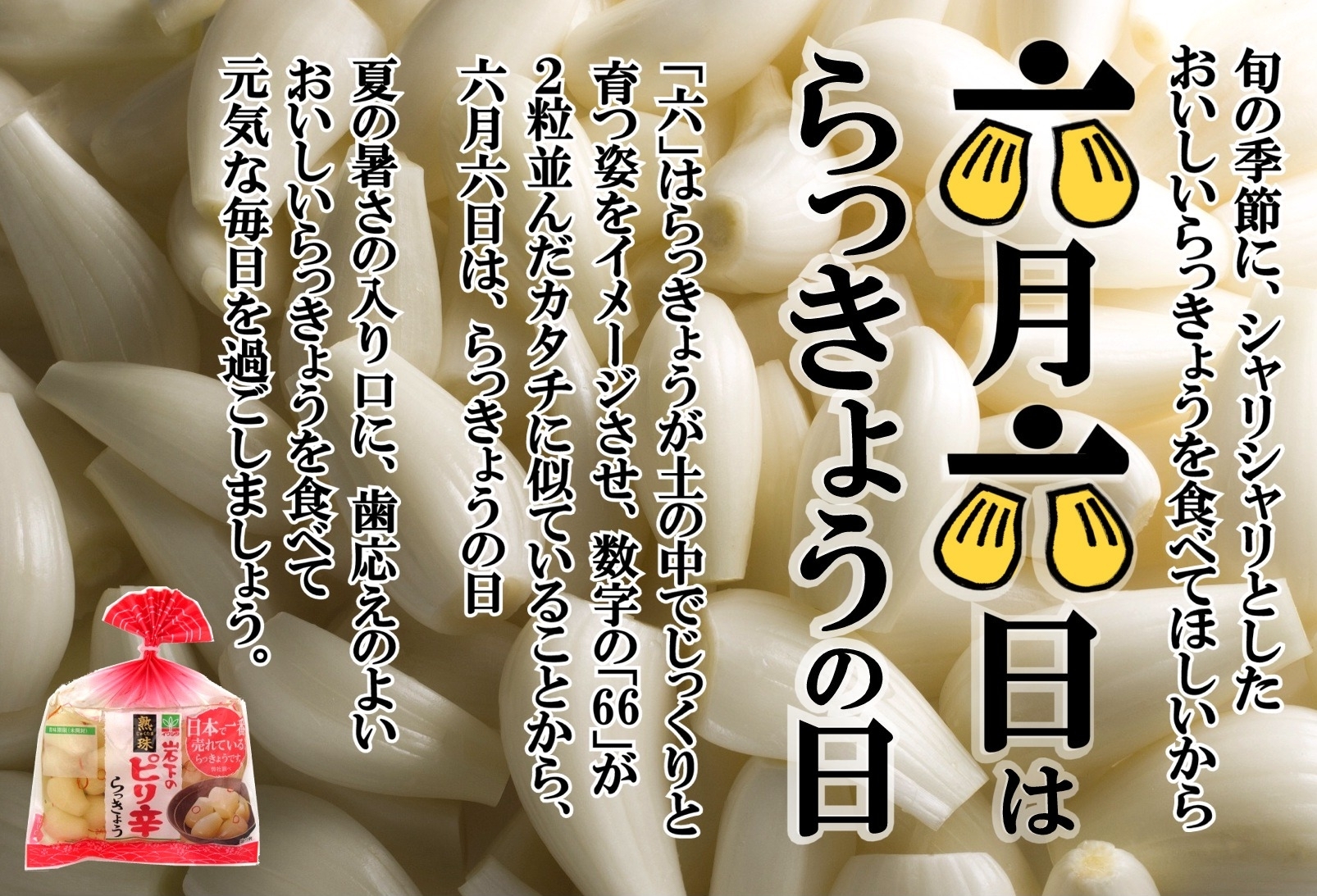 6月6日は らっきょうの日 記念日制定のお知らせ 日本記念日協会認定 旬のらっきょうを改めて考える日 岩下食品株式会社のプレスリリース 6月6日は らっきょうの日 記念日制定のお知らせ 日本記念日協会認定 旬のらっきょうを改めて考える日 岩下食品株式会社のプレスリリース