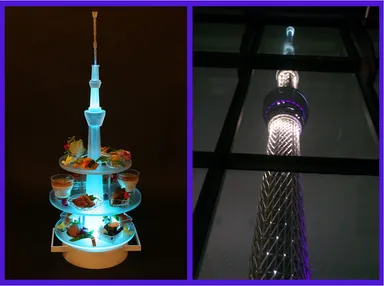 左：63.4cm AMUSEタワー　右：窓から見えるスカイツリーは迫力満点！