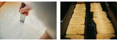 左：つくりたての「型箱豆腐」、右：揚げたての油揚げ