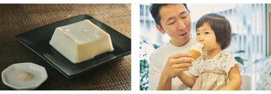 左：出来立てホカホカの湯奴(ゆやっこ)、右：直売所でしか食べられないソフトクリーム