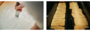 左：つくりたての「型箱豆腐」、右：揚げたての油揚げ