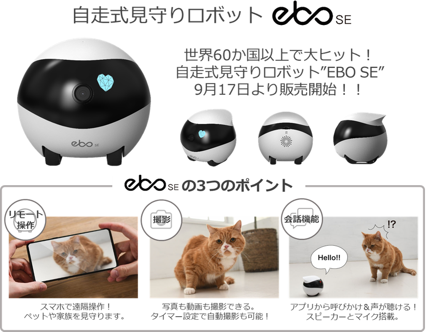 世界60か国以上で大ヒット！自走式見守りロボット「ＥＢＯ SE」！
９月17日販売開始！