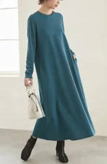エンボス素材 長袖マキシ丈ワンピース