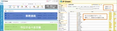 【イメージ】左：店舗に必要な情報が自動で整理される「トップページ」、右：本部が担当店舗の進捗を確認するダッシュボード