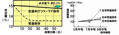 保存中の水分量の変化(当社調べ)/保存中の脂肪の酸化度(当社調べ)