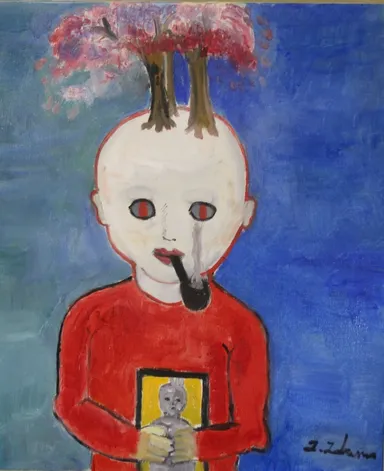 遺影を持つ少年