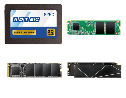 ※左上　3D NAND QLC搭載　2.5inch SATA SSD　ADC-S25D1Sシリーズ／※右上　3D NAND TLC搭載　M.2 SATA SSD　ADC-M2D1S80シリーズ／※左下　3D NAND TLC搭載　M.2 PCIe Gen3x4 SSD　ADC-M2D1P80シリーズ／※右下　3D NAND TLC搭載　M.2 PCIe Gen4x4 SSD　ADC-M2D2P80シリーズ
