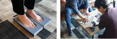 粘土のような足型取りに足を入れて採寸(左)／シューフィッターが丁寧にヒアリング