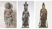 左：菩薩立像 (2世紀、パキスタン・ガンダーラ)、中央：重文　十一面観音菩薩立像(7世紀、中国)、右：重文　菩薩立像(13世紀、日本)※いずれも東京国立博物館所蔵