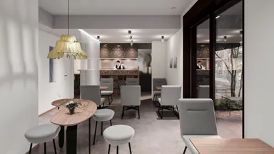 ホテル1階のカフェ＆バーエリアでは工芸品の展示があり、併設された「楓ラウンジ by トーキョーサワースタンド」では旬のフルーツを使った個性あふれるドリンクなどお召し上がりいただけます