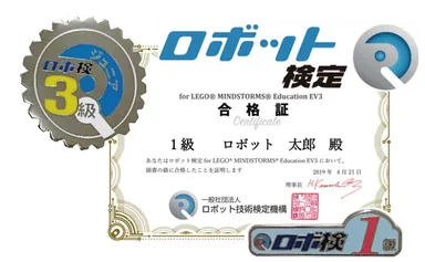 合格した際に検定機構から送られる合格証と、各級のバッジ
